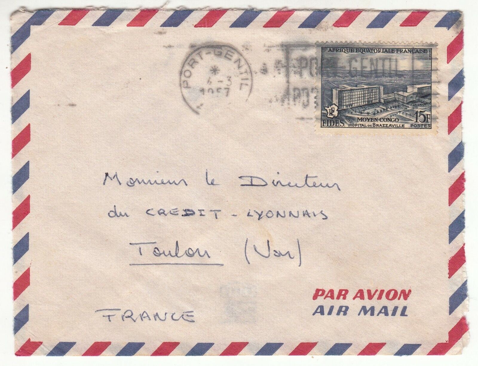 LETTRE AEF PORT GENTIL TOULON 1957 CREDIT LYONNAIS PAR AVION FLAMME 123748337203