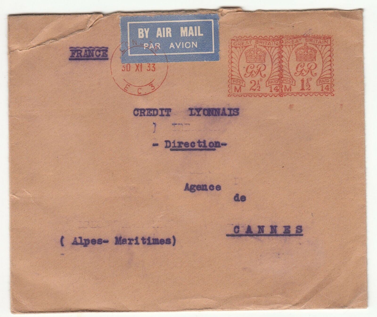 LETTRE AGENCE DE LONDRES CANNES 1933 CREDIT LYONNAIS PAR AVION 401757013053