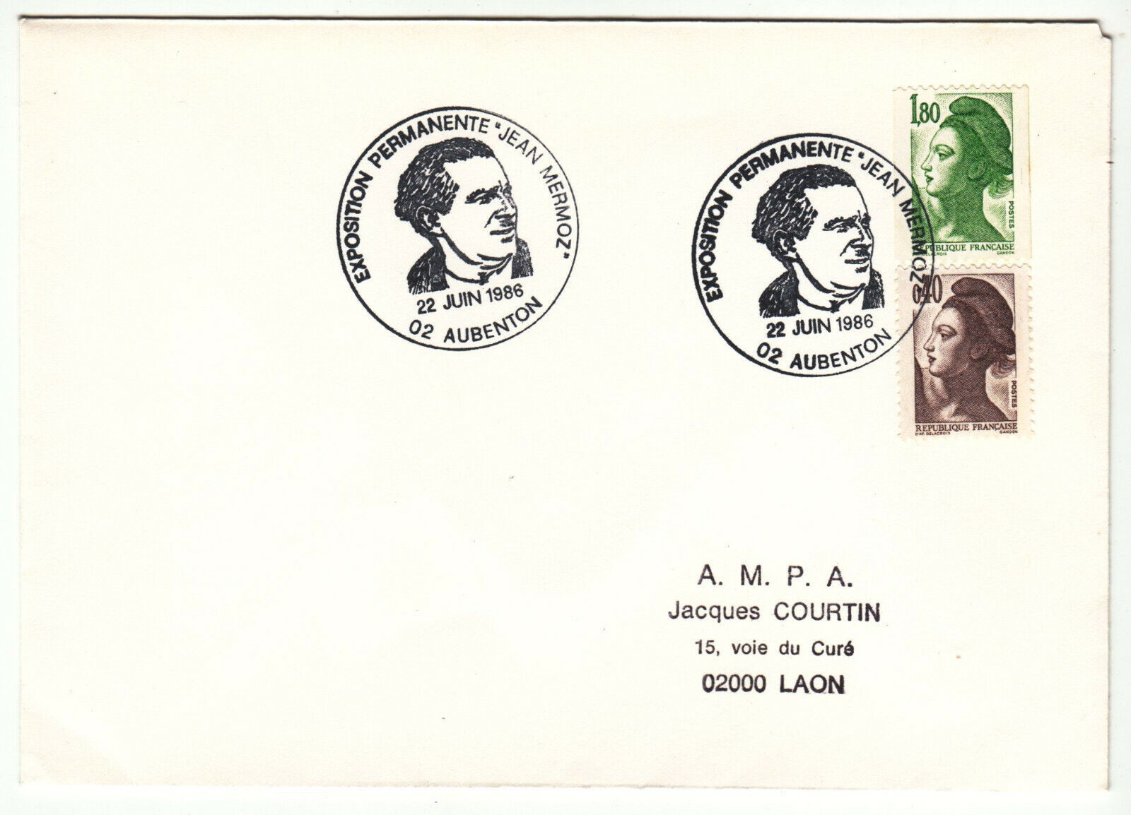 LETTRE AUBENTON POUR LAON 1986 CACHET EXPOSITION PERMANENTE JEAN MERMOZ 402072946683