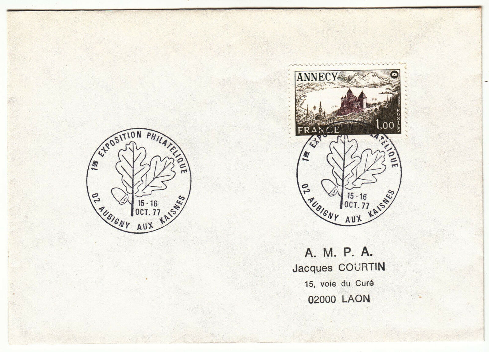 LETTRE AUBIGNY AUX KAISNES POUR LAON 1977 CACHET 1 EXPOSITION PHILATELIQUE 402072946673