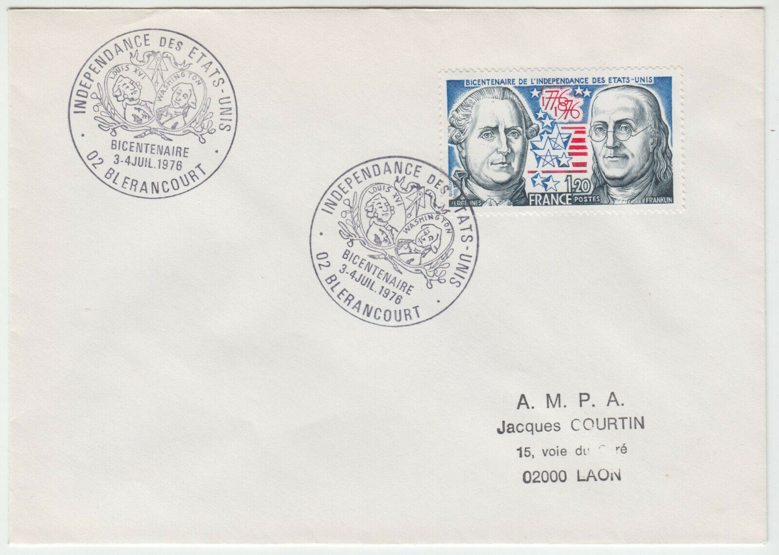 LETTRE BLERANCOURT POUR LAON 1976 CACHET INDEPENDANCE DES ETATS UNIS 402074775883