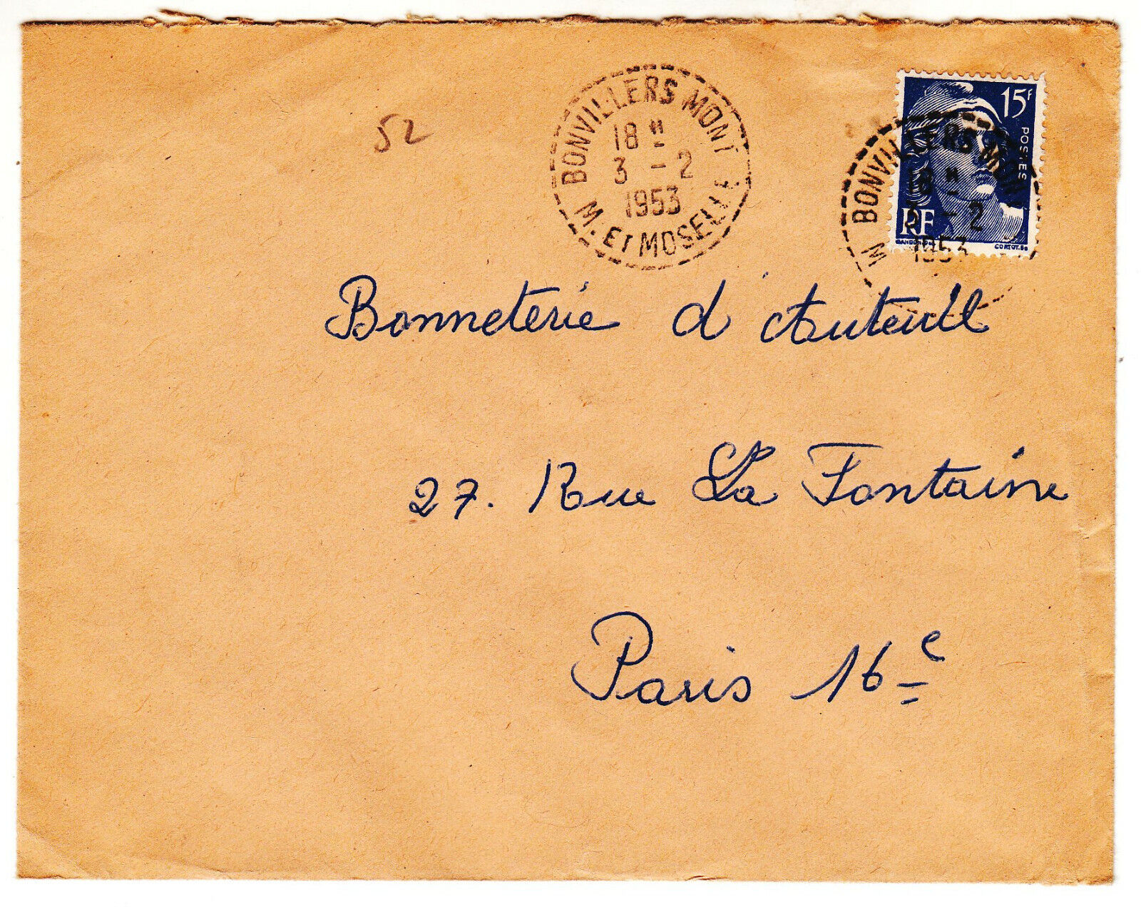 LETTRE BONVILLERS MONT POUR PARIS 1953 GANDON CACHET PERLE 123903978863