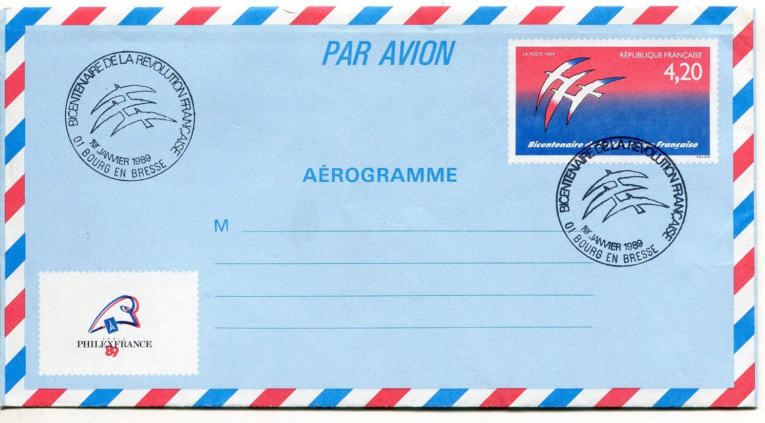 LETTRE BOURG EN BRESSE AEROGRAMME PREMIER JOUR BICENTENAIRE REVOLUTION 121170733053