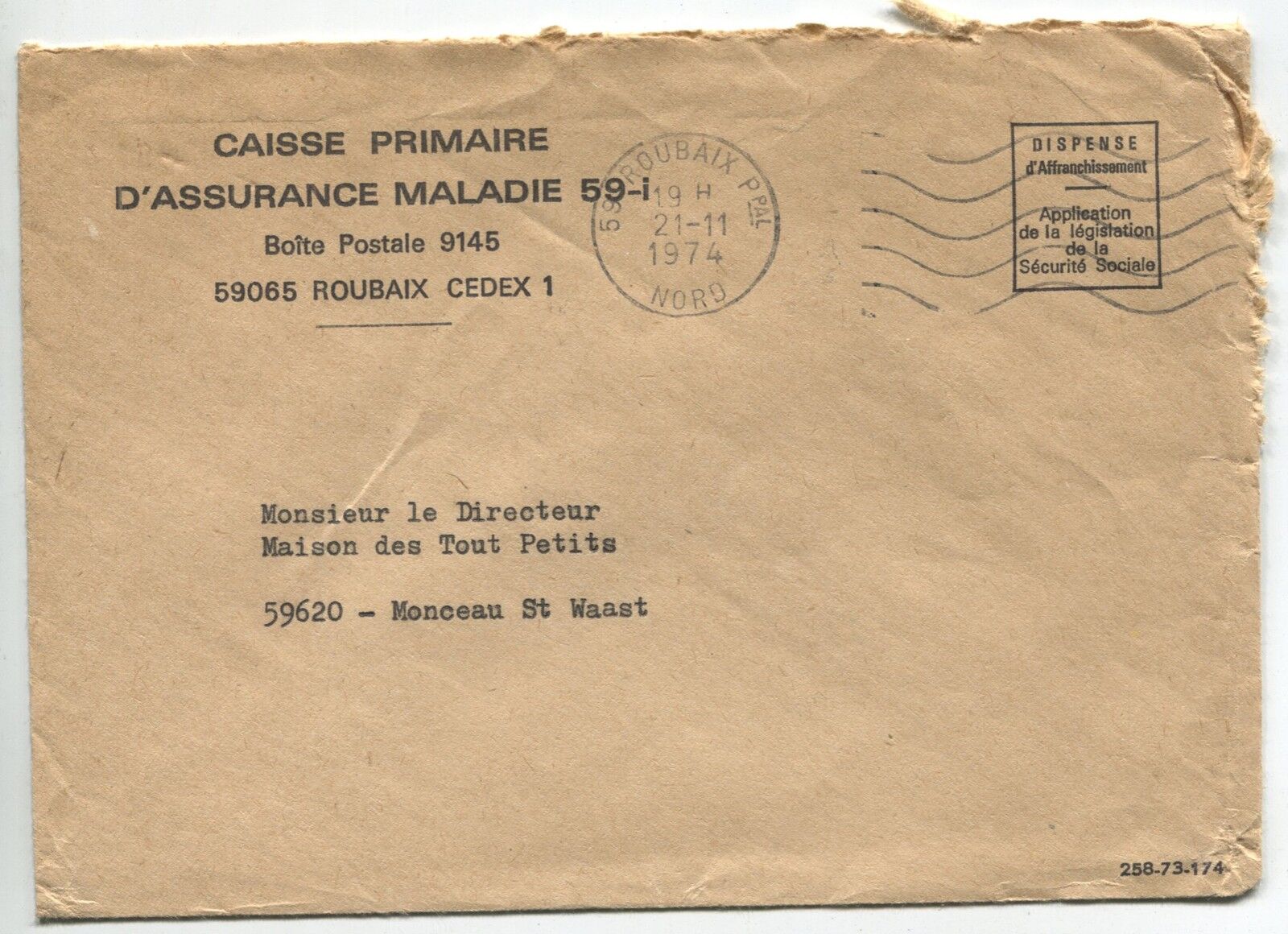 LETTRE CAISSE ASSURANCE MALADIE POUR MONCEAU ST WAAST 1974 FLAMME 120890214953