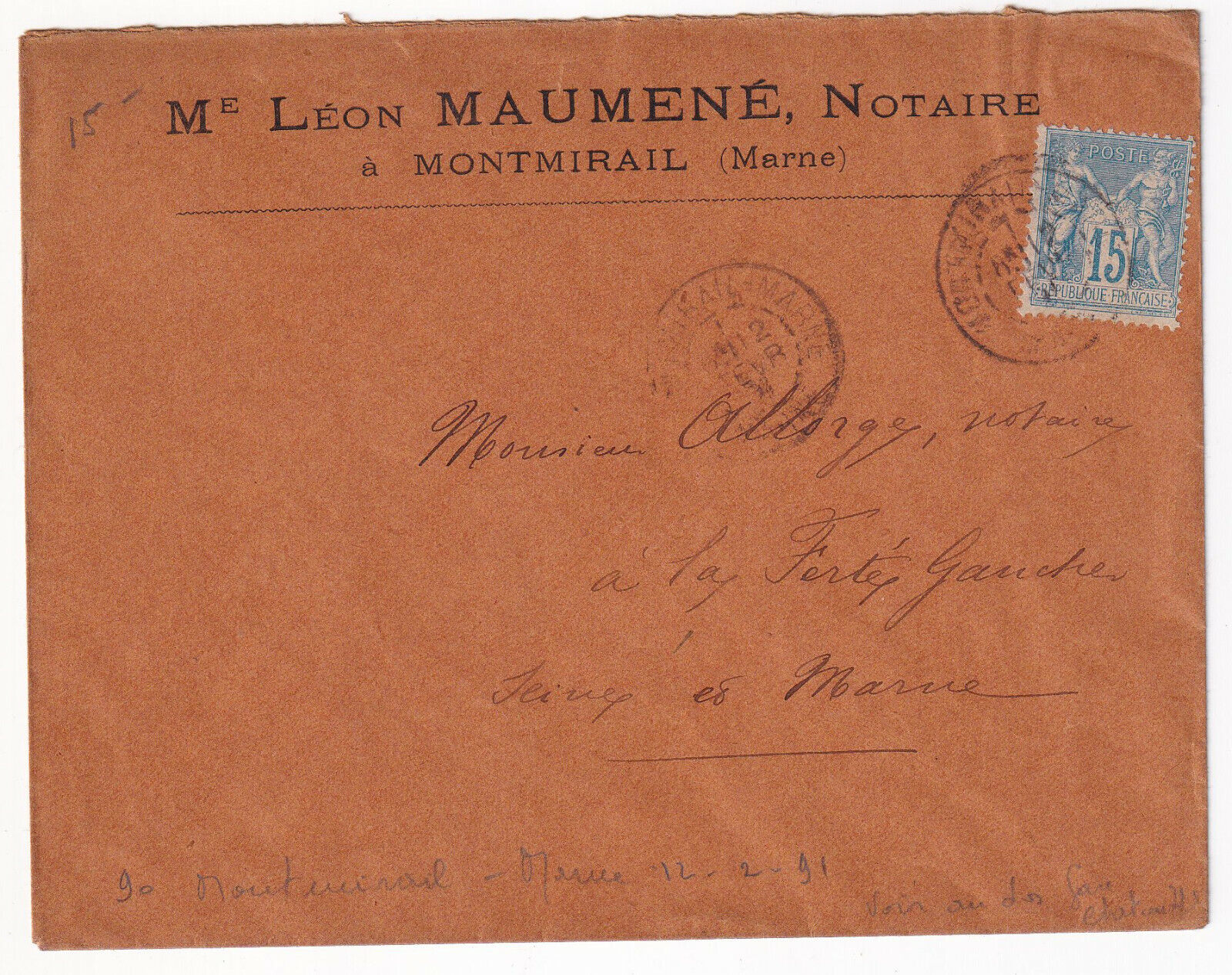 LETTRE CHATEAU THIERRY LA FERTE GAUCHER 1891 CACHET NOTAIRE MONTMIRAIL 403243209153