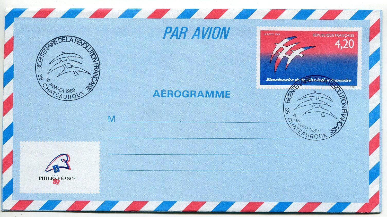 LETTRE CHATEAUROUX AEROGRAMME PREMIER JOUR BICENTENAIRE REVOLUTION 400566828763