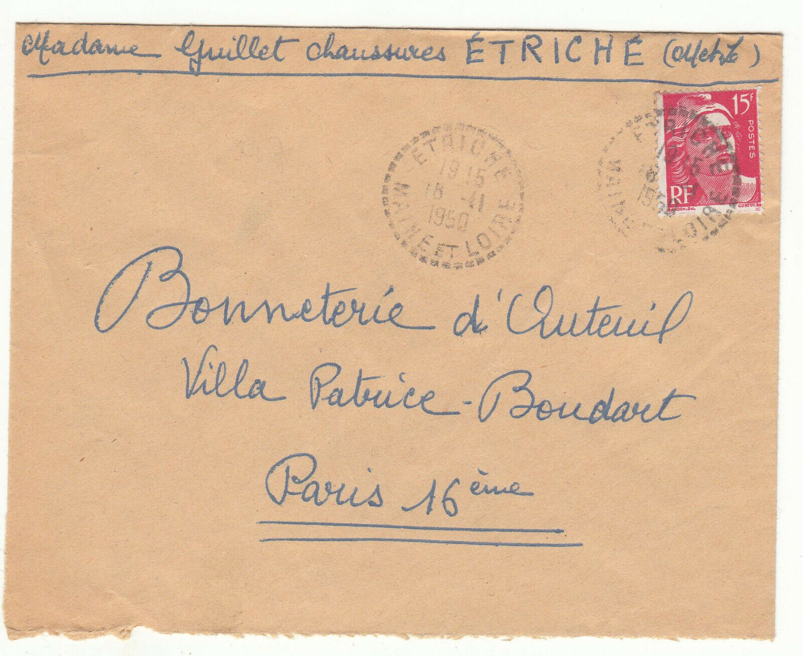 LETTRE ETRICHE POUR PARIS SEUL SUR LETTRE GANDON CACHET PERLE 1950 401826446933