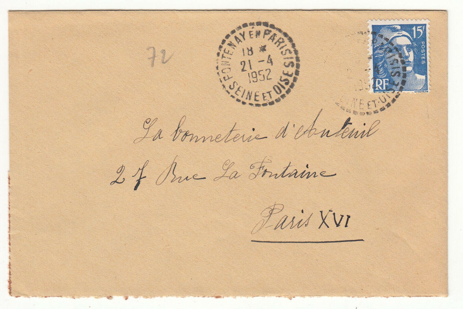 LETTRE FONTENAY EN PARISIS POUR PARIS 1952 GANDON CACHET PERLE 123904012293