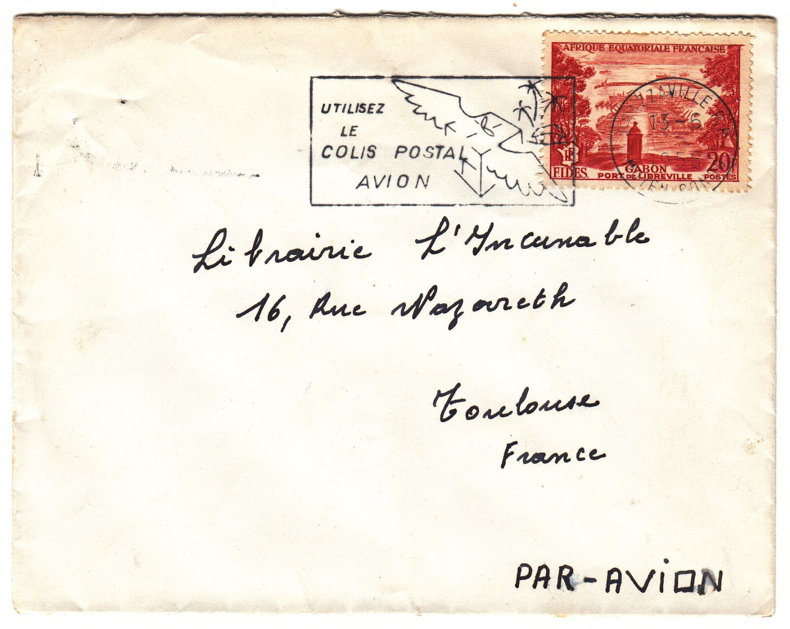 LETTRE FRAZZAVILLE MOYEN CONGO POUR TOULOUSE FLAMME 1958 PAR AVION 122858533753