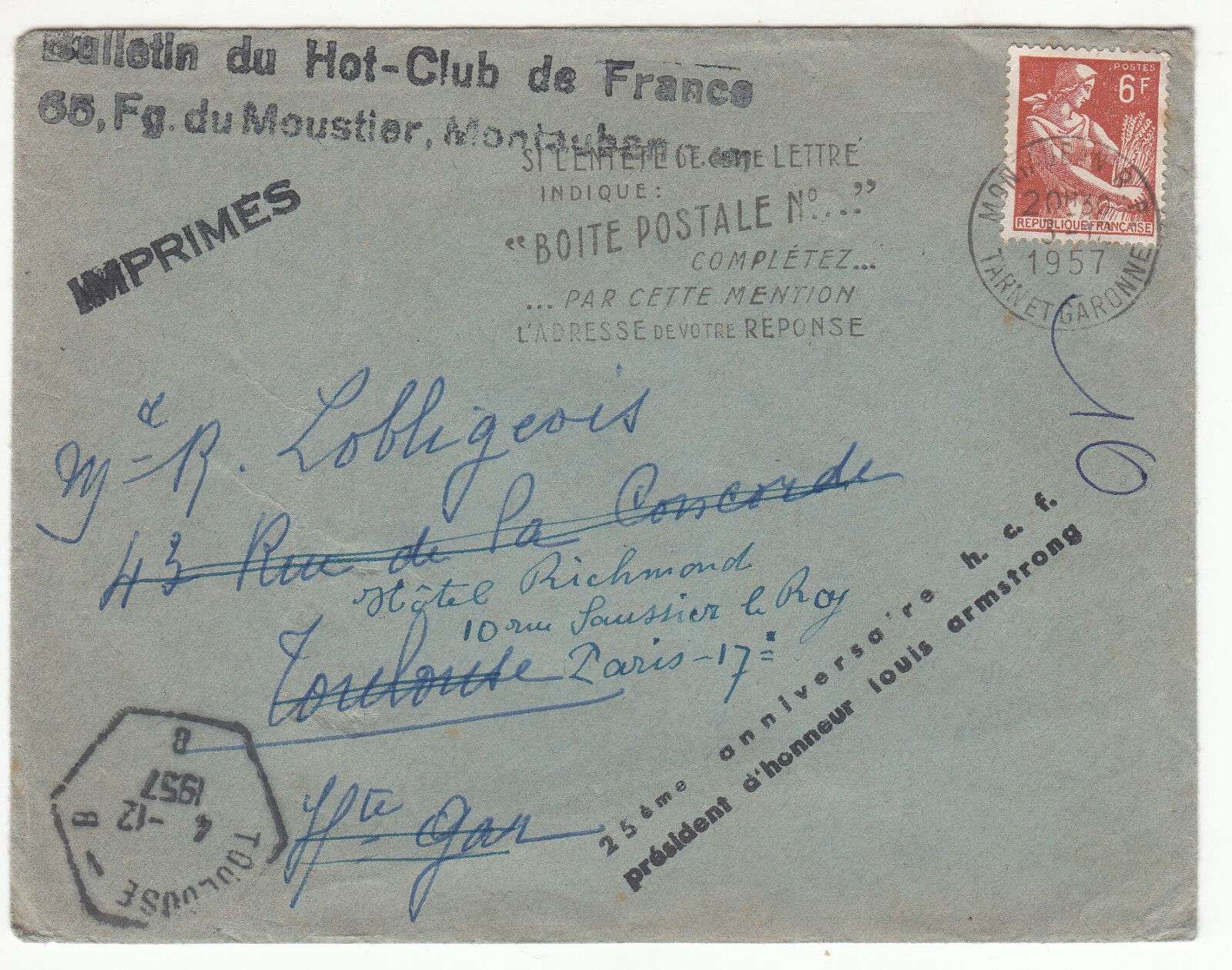 LETTRE HOT CLUB MONTLUCON PARIS PRESIDENT D HONNEUR LOUIS ARMSTRONG 1957 401462370603