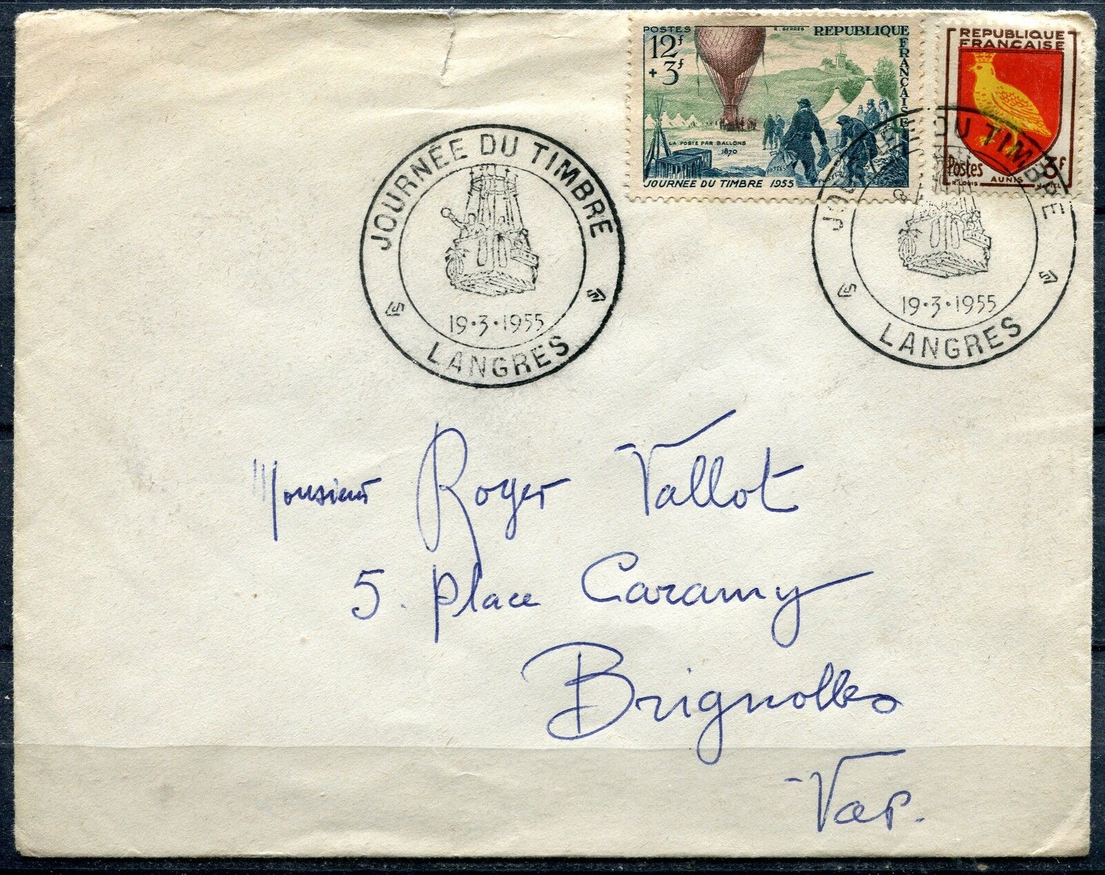 LETTRE JOURNEE DU TIMBRE 1955 LANGRES POUR BRIGNOLES PLUS BLASON 121072742793