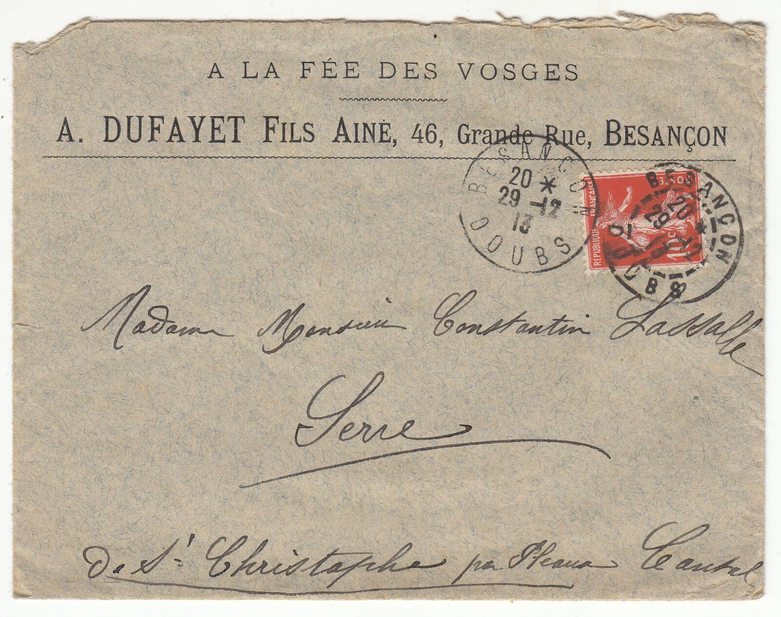 LETTRE LA FEE DES VOSGES DUFAYET BESANCON CHRISTOPHE 1913 CORRESPONDANCE 122869642673