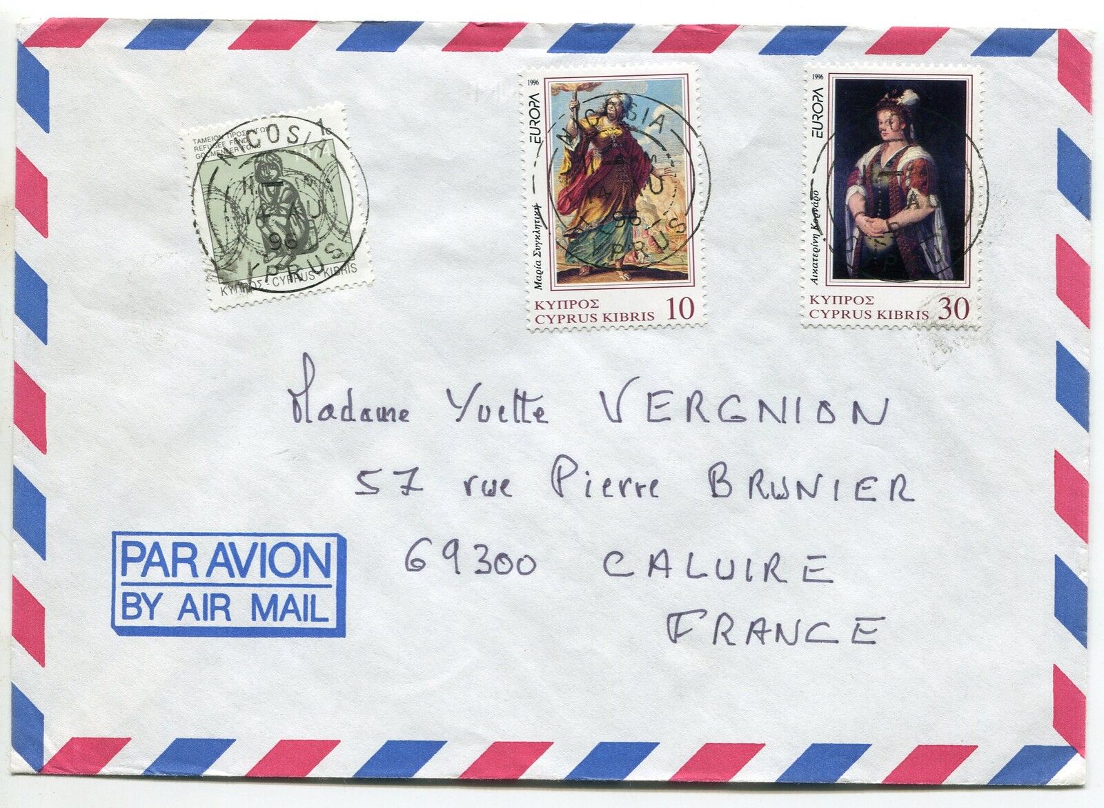 LETTRE NICOSIA CYPRIUS CALUIRE FRANCE 1996 PAR AVION AIR MAIL 121370979193