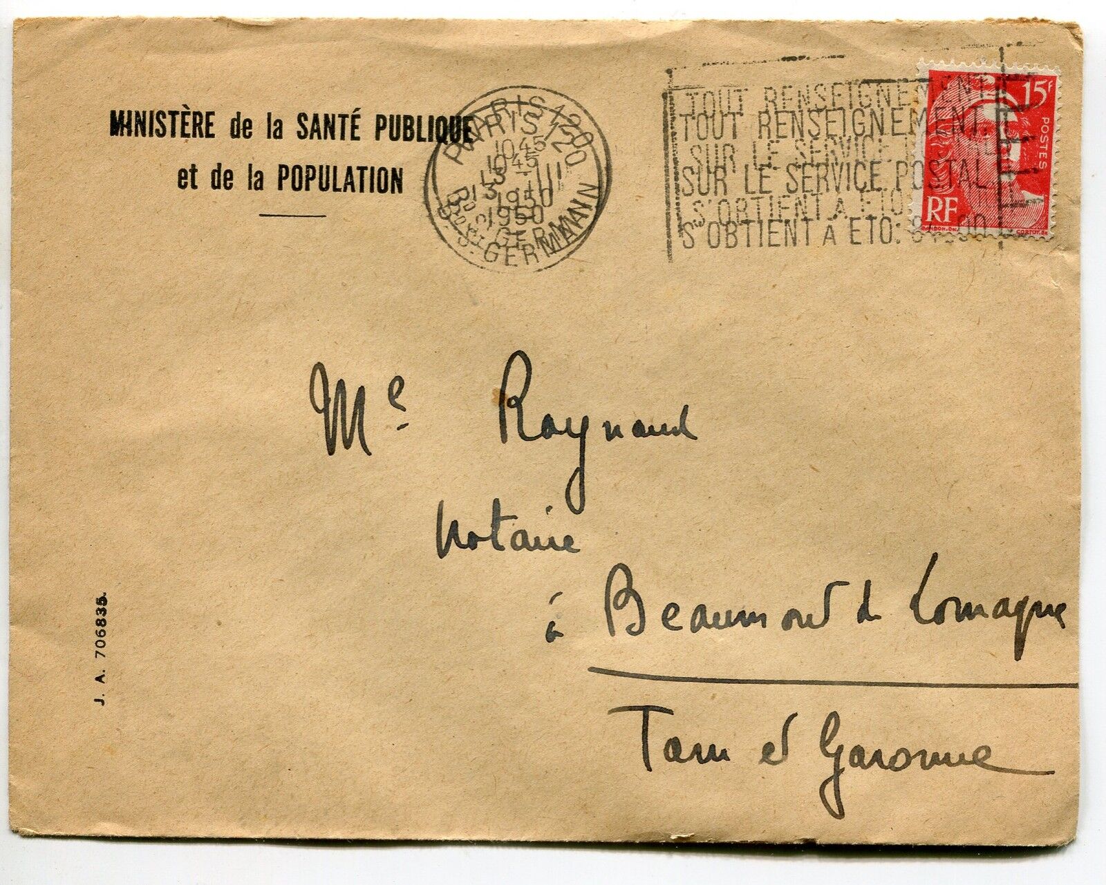 LETTRE PARIS ST GERMAIN POUR BEAUMONT DE LOMAGNE CACHET FLAMME DOUBLE IMPRESSION 121295964183