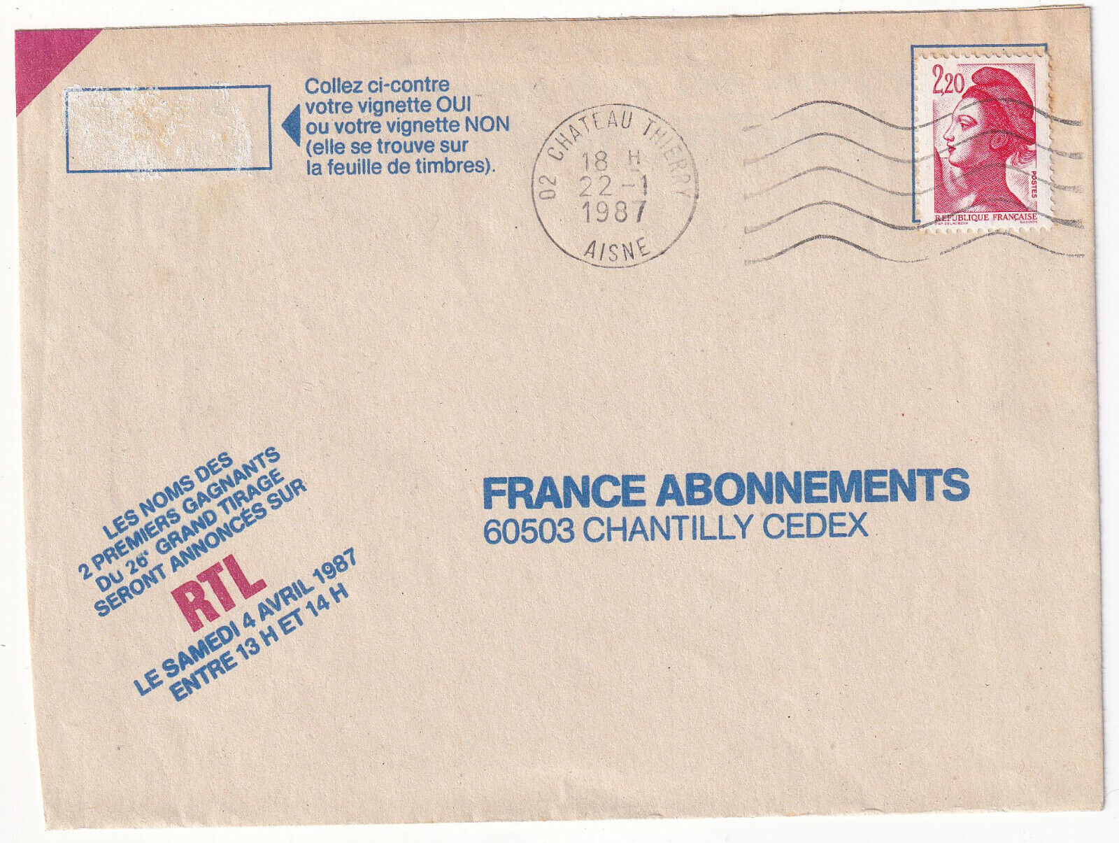 LETTRE PHILATELIQUE CHATEAU THIERRY 1987 RTL FRANCE ABONEMENTS 403243207393