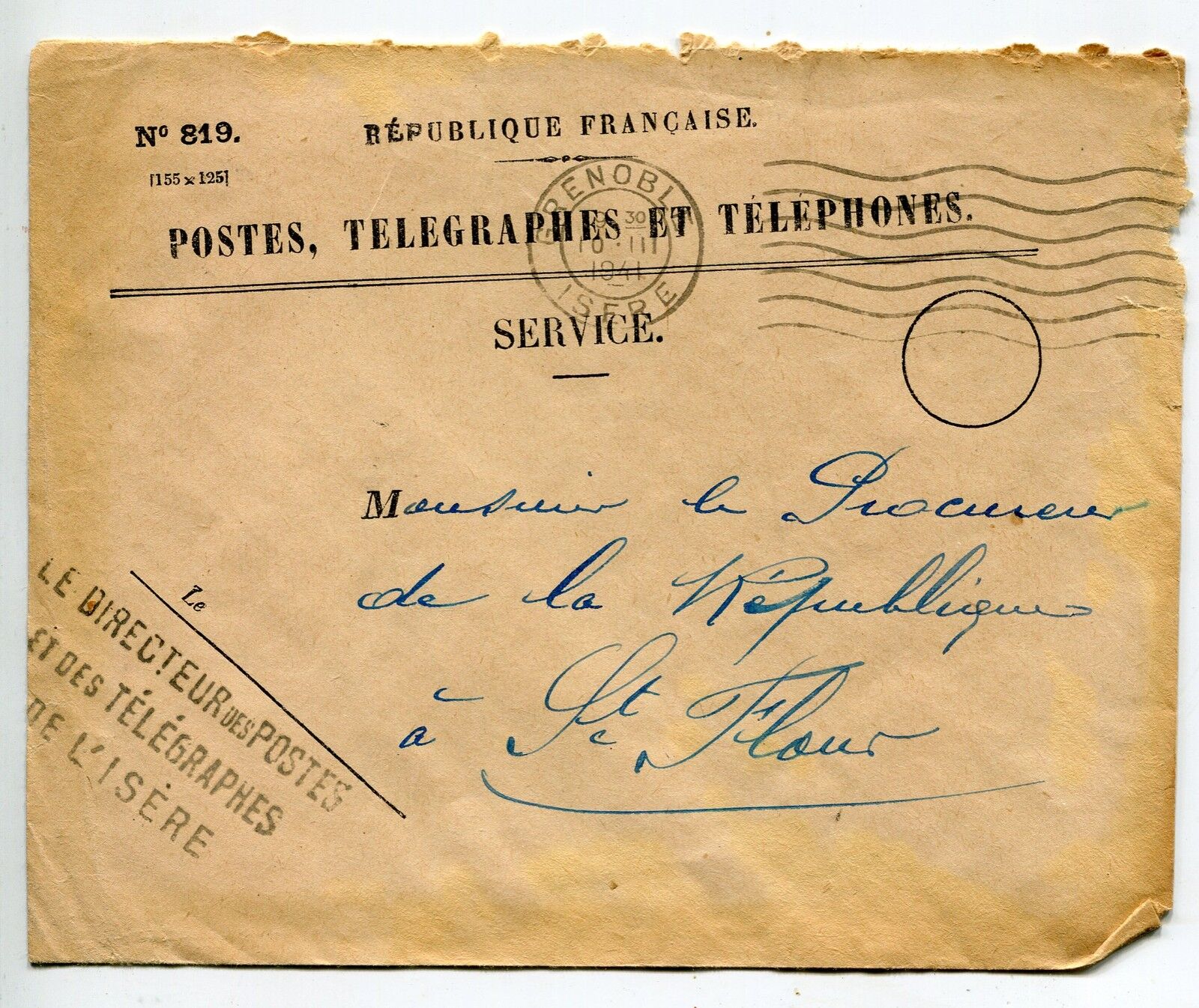 LETTRE POSTES TELEGRAPHES GRENOBLE ST FLOUR CANTAL 1941 121451084333