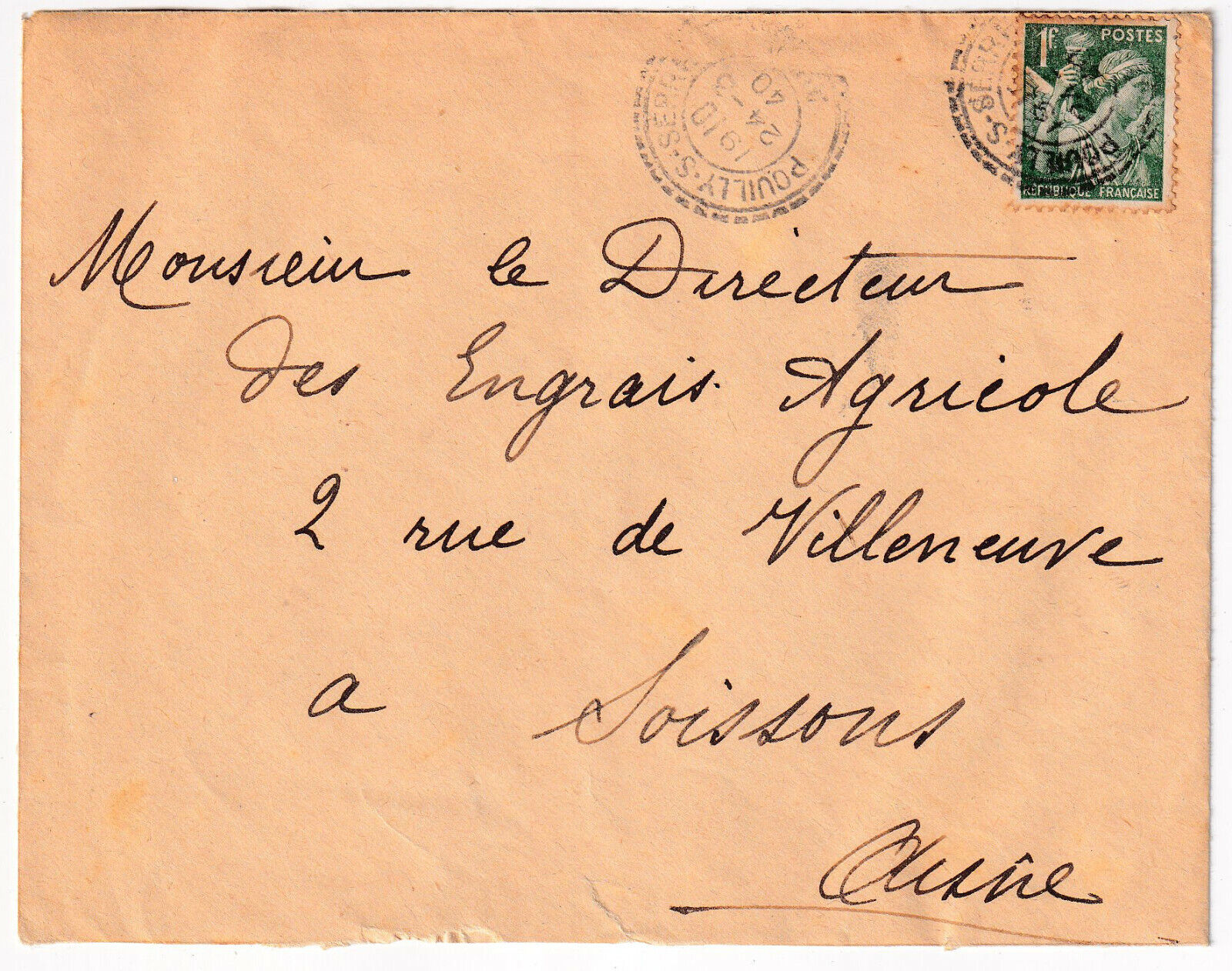 LETTRE POUILLY SUR SERRE POUR SOISSONS 1940 403313636763