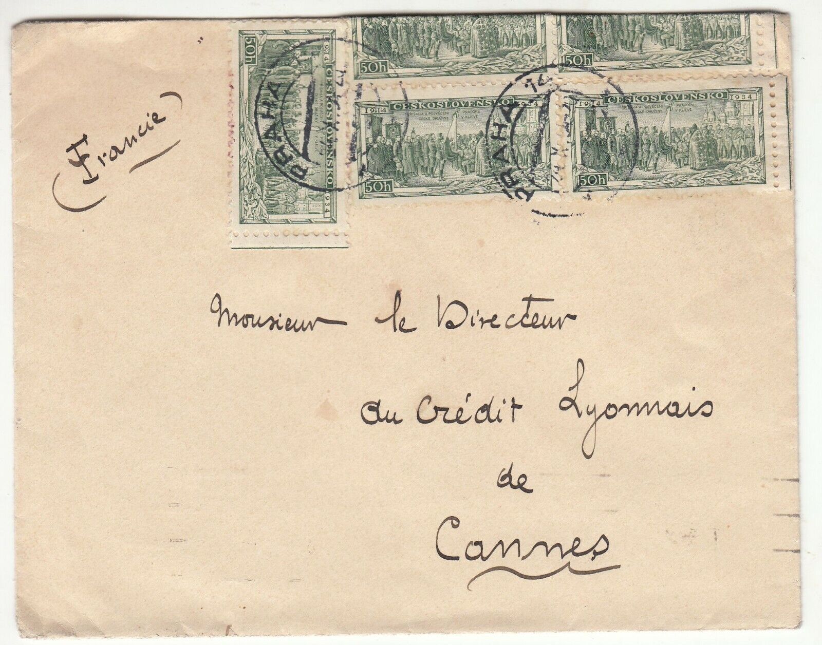 LETTRE PRAHA tchecoslovaquie CANNES 1934 CREDIT LYONNAIS 123749702573