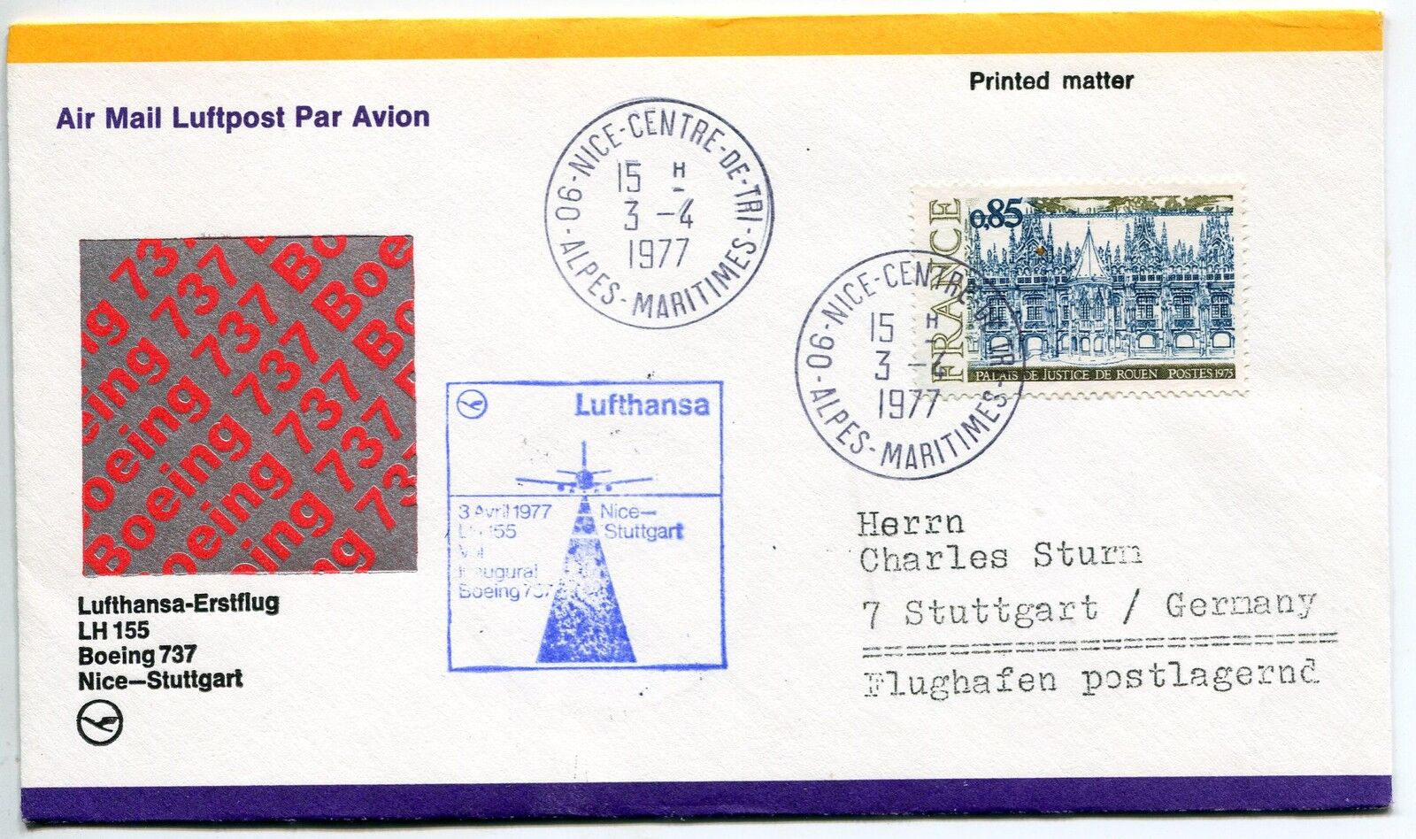 LETTRE PREMIER VOL NICE STUTTGART GERMANY 1977 LUFTHANSA BOEING 737 121458312663