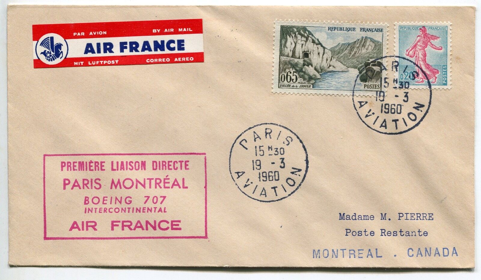 LETTRE PREMIER VOL PARIS MONTREAL CANADA 1960 AIR FRANCE BOEING 707 400787479933