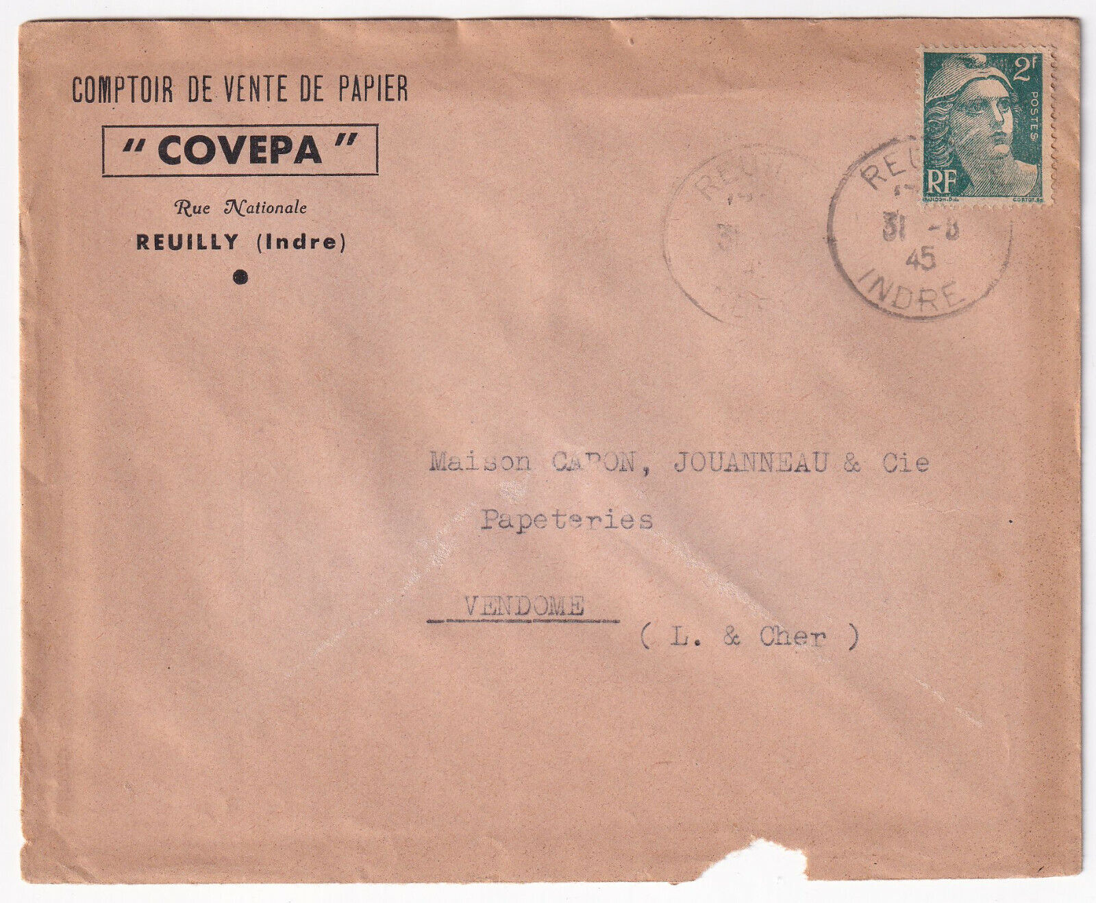 LETTRE PUBLICITAIRE 1945 COMPTOIR DE VENTE DE PAPIER COVEPA REUILLY INDRE 124959846743