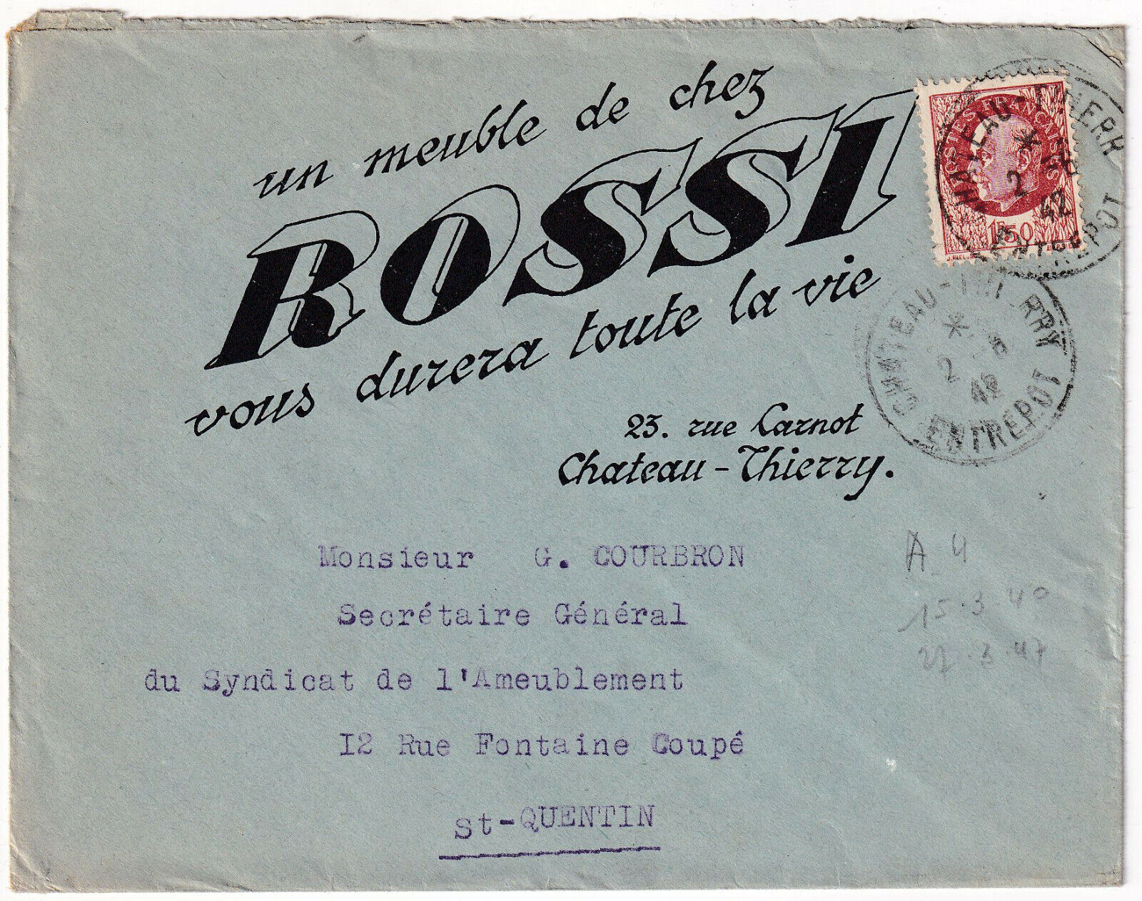 LETTRE PUBLICITAIRE MEUBLE DE CHEZ ROSSI CHATEAU THIERRY POUR ST QUENTIN 1942 403243209163