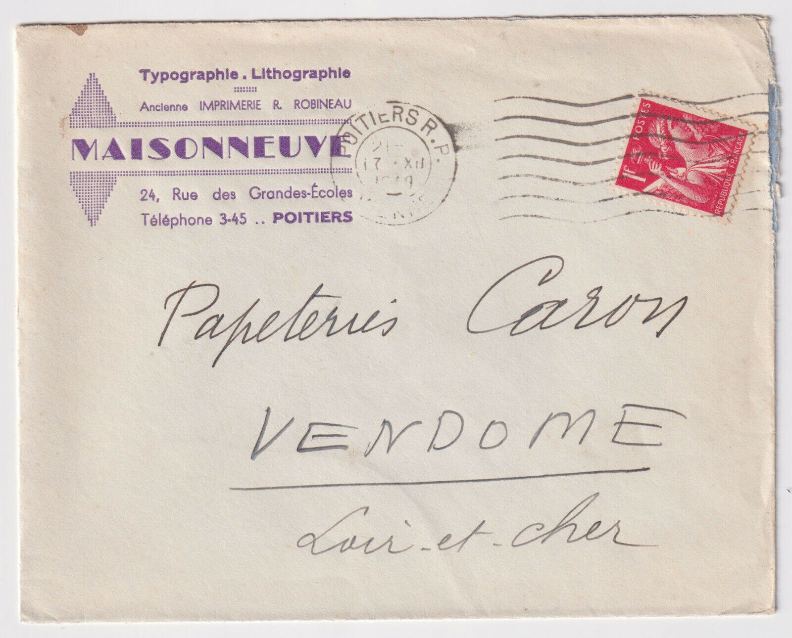 LETTRE PUBLICITAIRE TYPOGRAPHIE LITHOGRAPHIE MAISONNEUVE POITIERS 124959846703