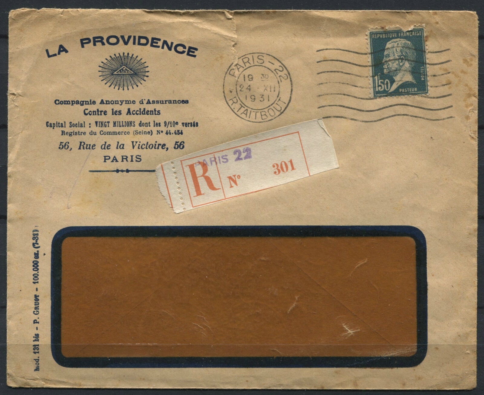 LETTRE RECOMANDE LA PROVIDENCE PARIS R TAITBOUT 1931 POUR LE CANNET CONTENTIEUX 120853777763