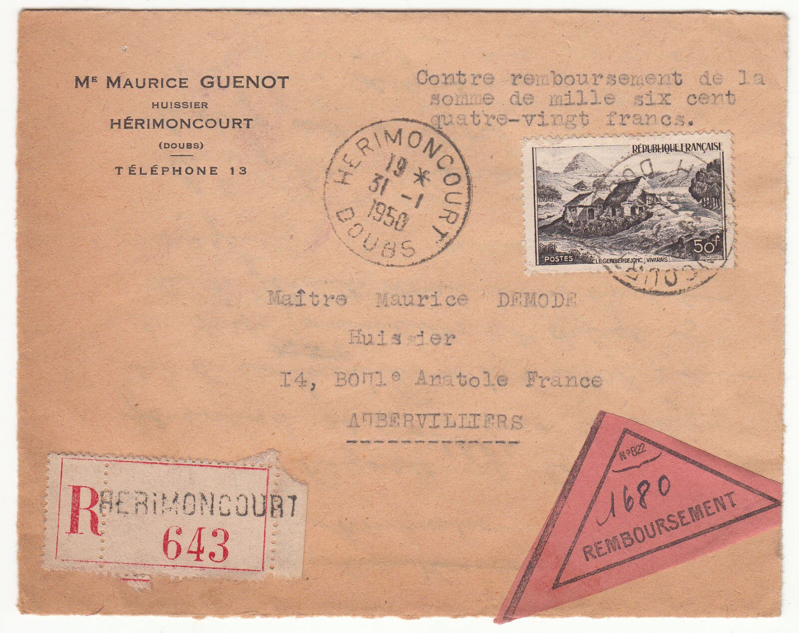 LETTRE RECOMMANDE CONTRE REMBOURSEMENT 1680 FRANCS 1950 HERIMONCOURT 122868144173