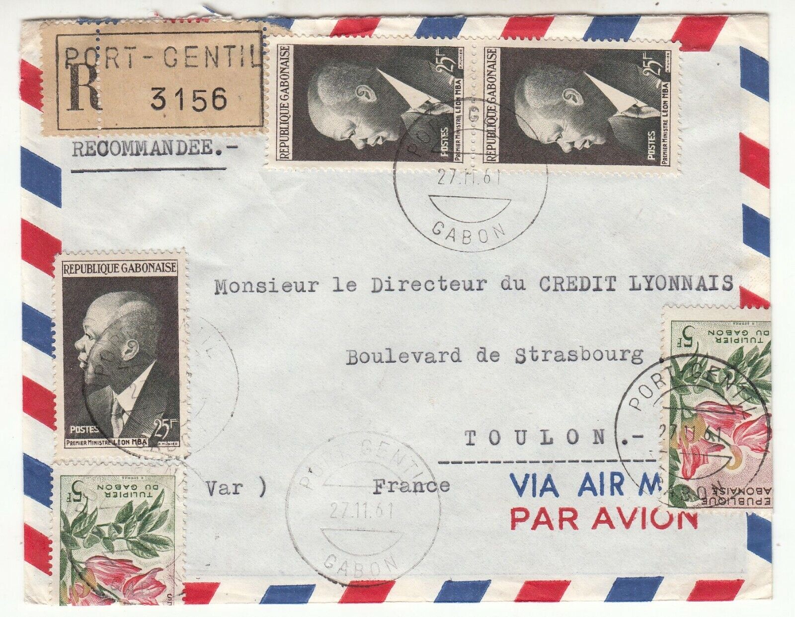 LETTRE RECOMMANDE GABON PORT GENTIL TOULON 1961 CREDIT LYONNAIS PAR AVION 123748773143