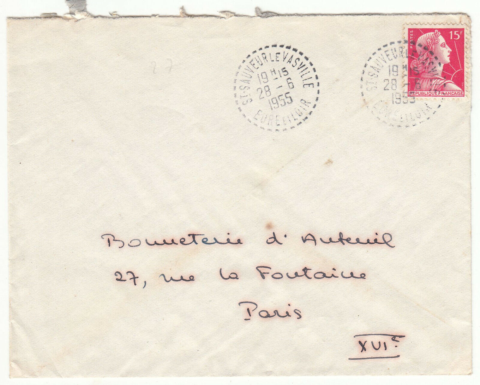 LETTRE SAINT SAUVEUR LE VASVILLE POUR PARIS SEUL SUR LETTRE CACHET PERLE 1955 123849427733