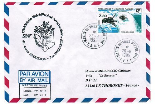 LETTRE TAAF MARTIN DE VIVIES ST PAUL A THORONET 1995 110618861593