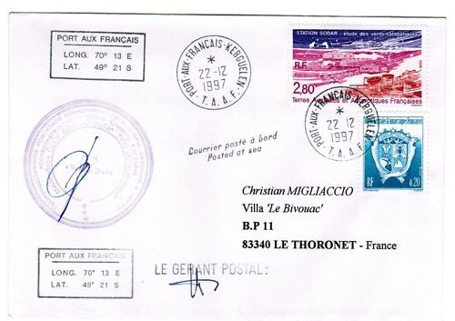 LETTRE TAAF PORT AUX FRANCAIS KERGUE A THORONET 1997 110618862513