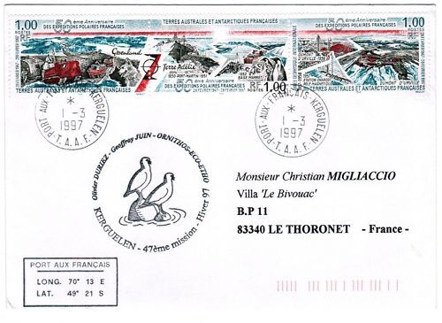 LETTRE TAAF PORT AUX FRANCAIS KERGUE A THORONET 1997 120654604563