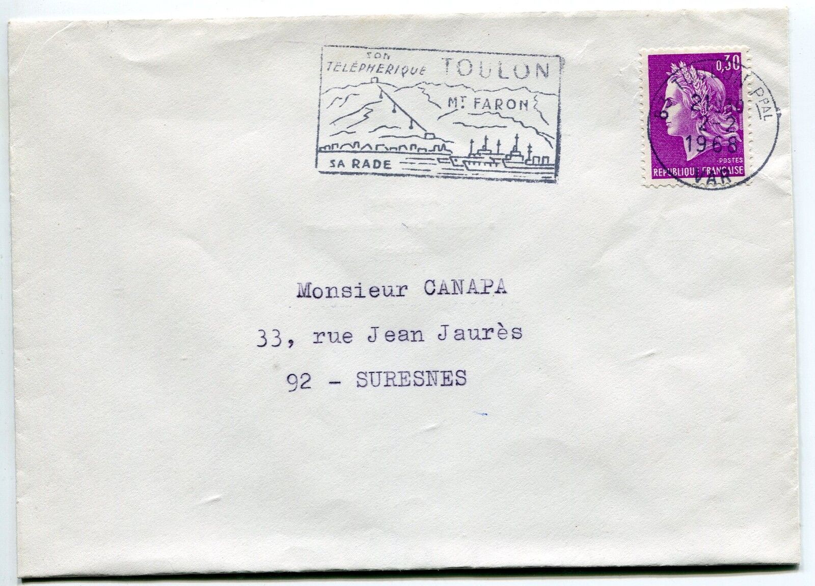 LETTRE TOULON POUR SURESNES FLAMME 1968 MARIANNE DE CHEFFER 121085078053