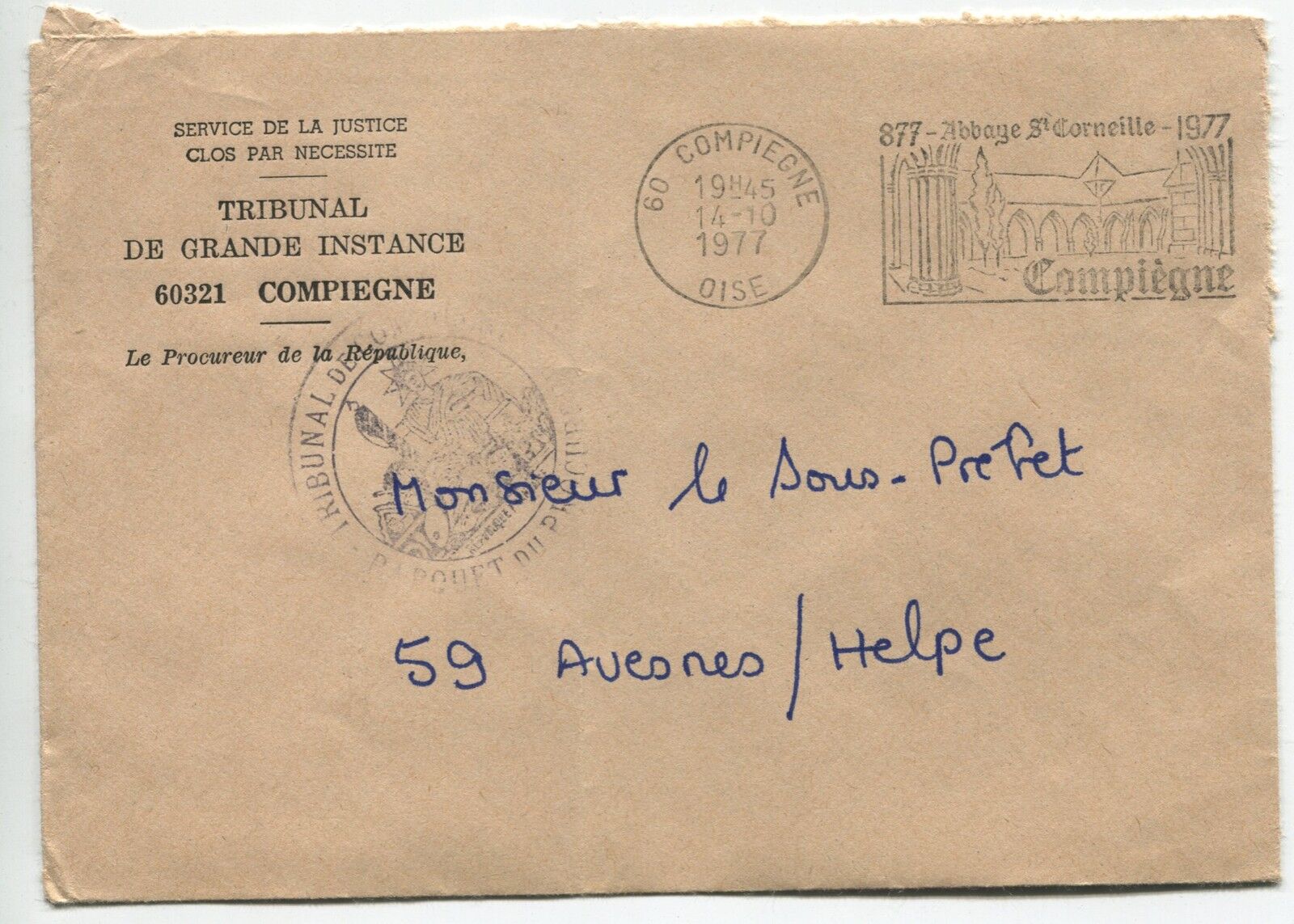 LETTRE TRIBUNAL DE COMPIEGNE POUR AVESNES 1977 FLAMME 120890218813