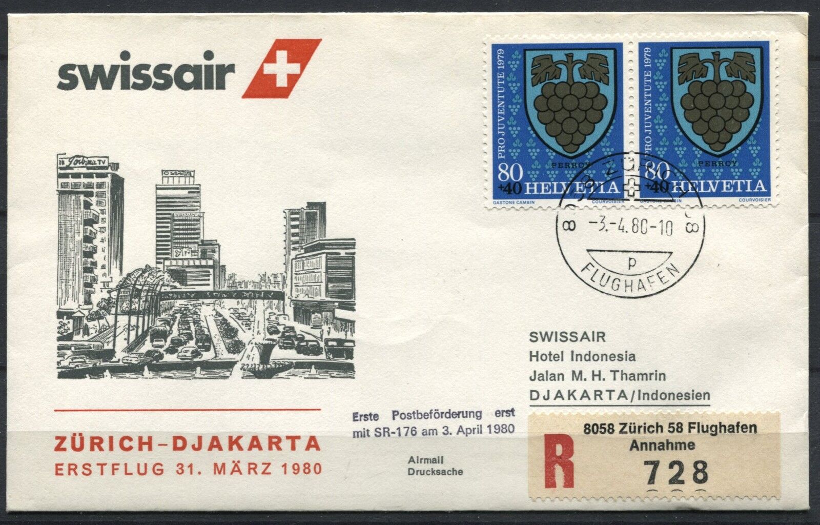 LETTRE ZURICH DJAKARTA 1980 SWISSAIR AVION RECOMANDER CACHET DJAKARTA AU VERSO 110886516423