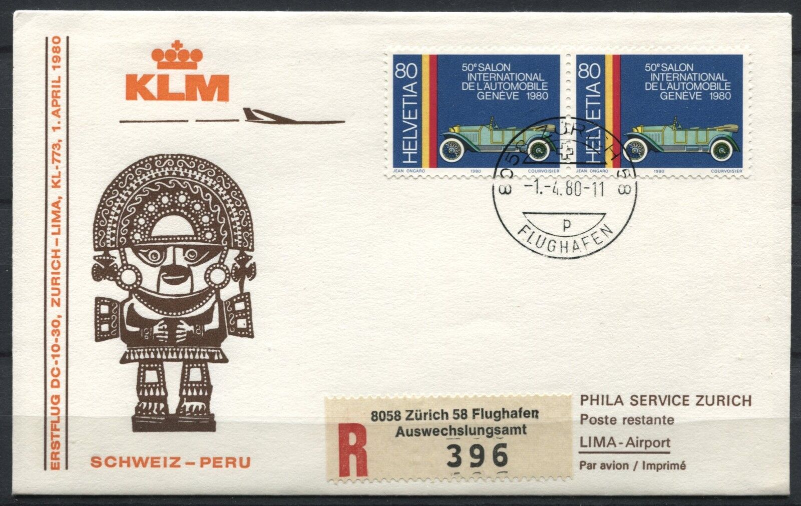 LETTRE ZURICH LIMA PEROU 1980 PAR AVION KLM 120920558643