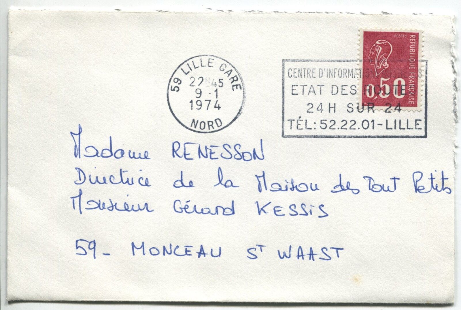 LETTRES LILLE GARE POUR MONCEAU ST WAAST 1974 FLAMME 110865976573