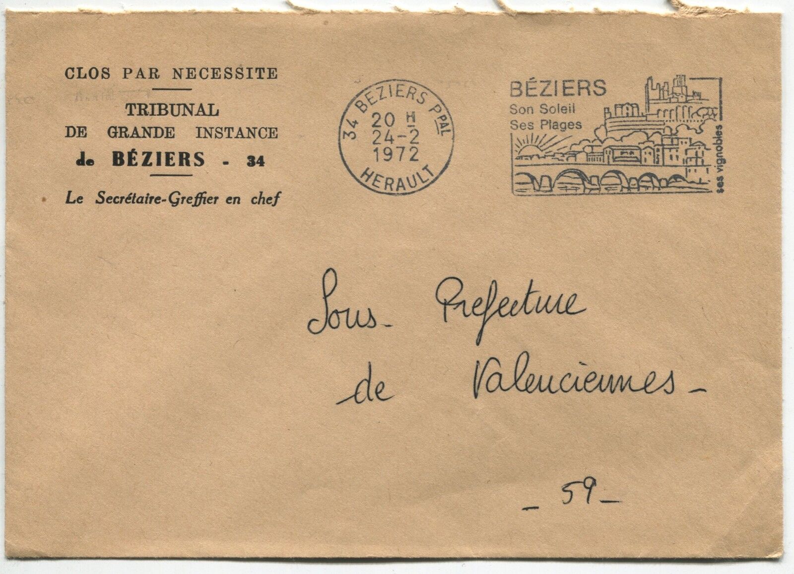 LETTRES TRIBUNAL DE BEZIERS POUR LE SOUS PREFET VALENCIENNES 1972 FLAMME 110865976583