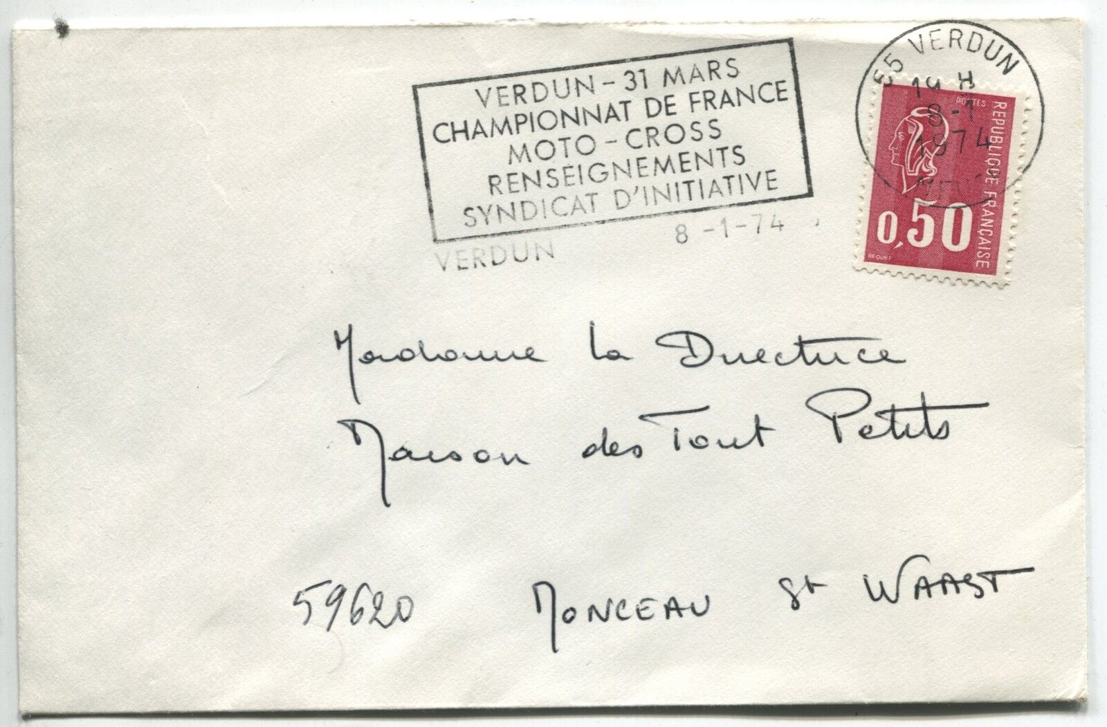 LETTRES VERDUN POUR MONCEAU ST WAAST 1974 FLAMME 110865976563