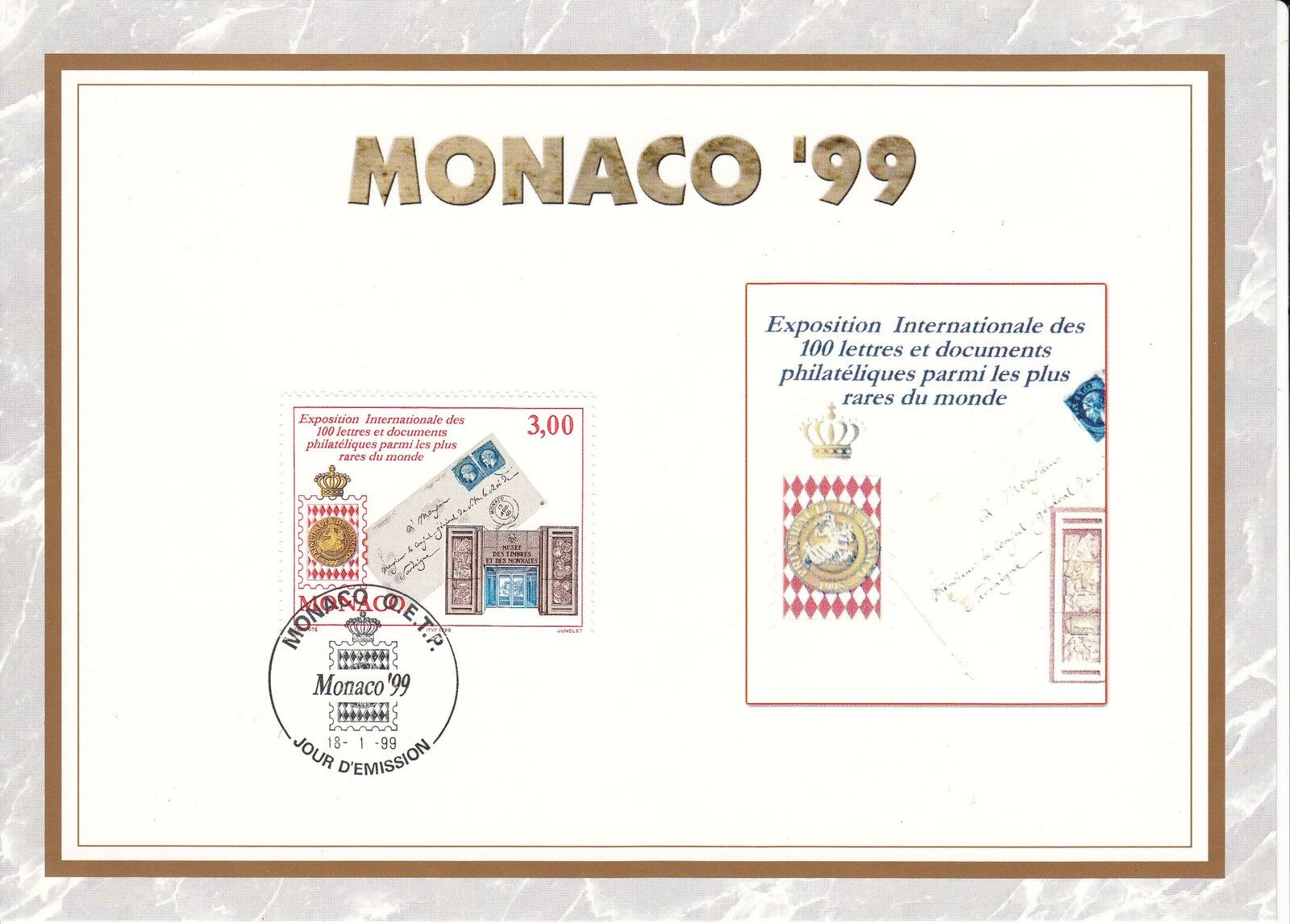 MONACO CEF PREMIER JOUR 1999 TIMBRE N 2190 EXPO PHILATHELIQUE 121930442713