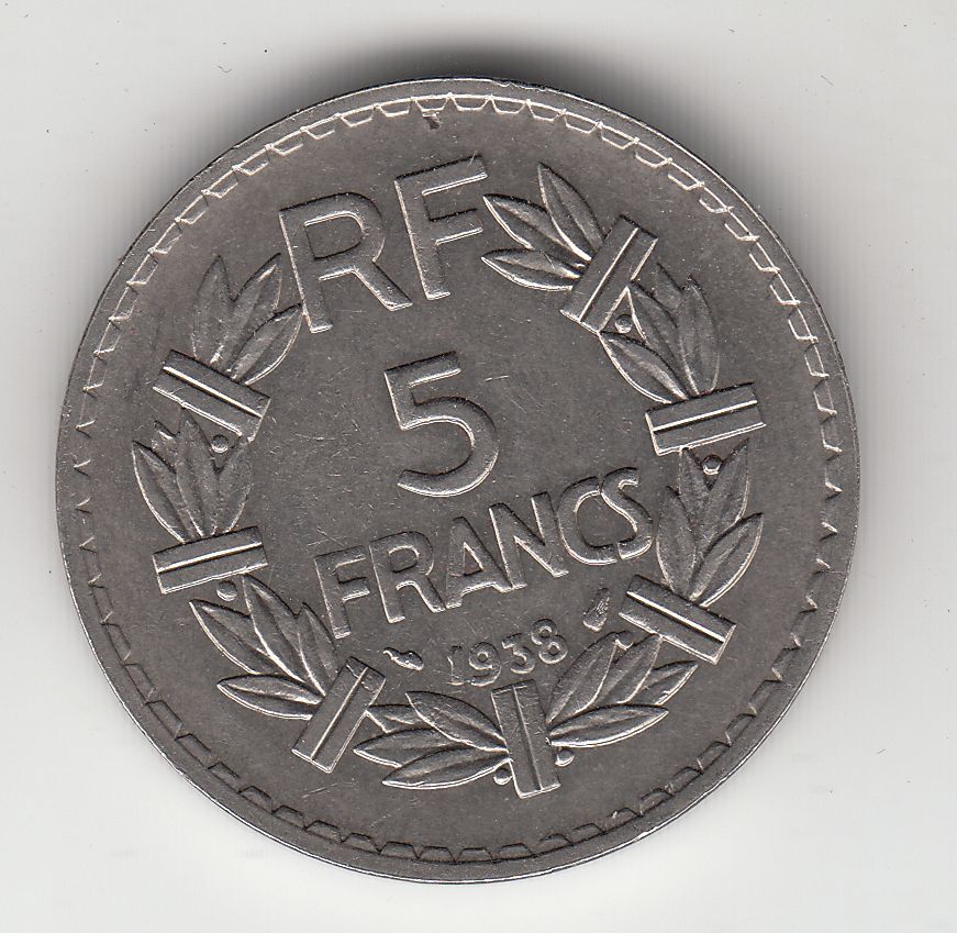 MONNAIE FRANCE 5 FRANCS LAVRILLIER 1938 NICKEL TRANCHE LISSE 401274560893