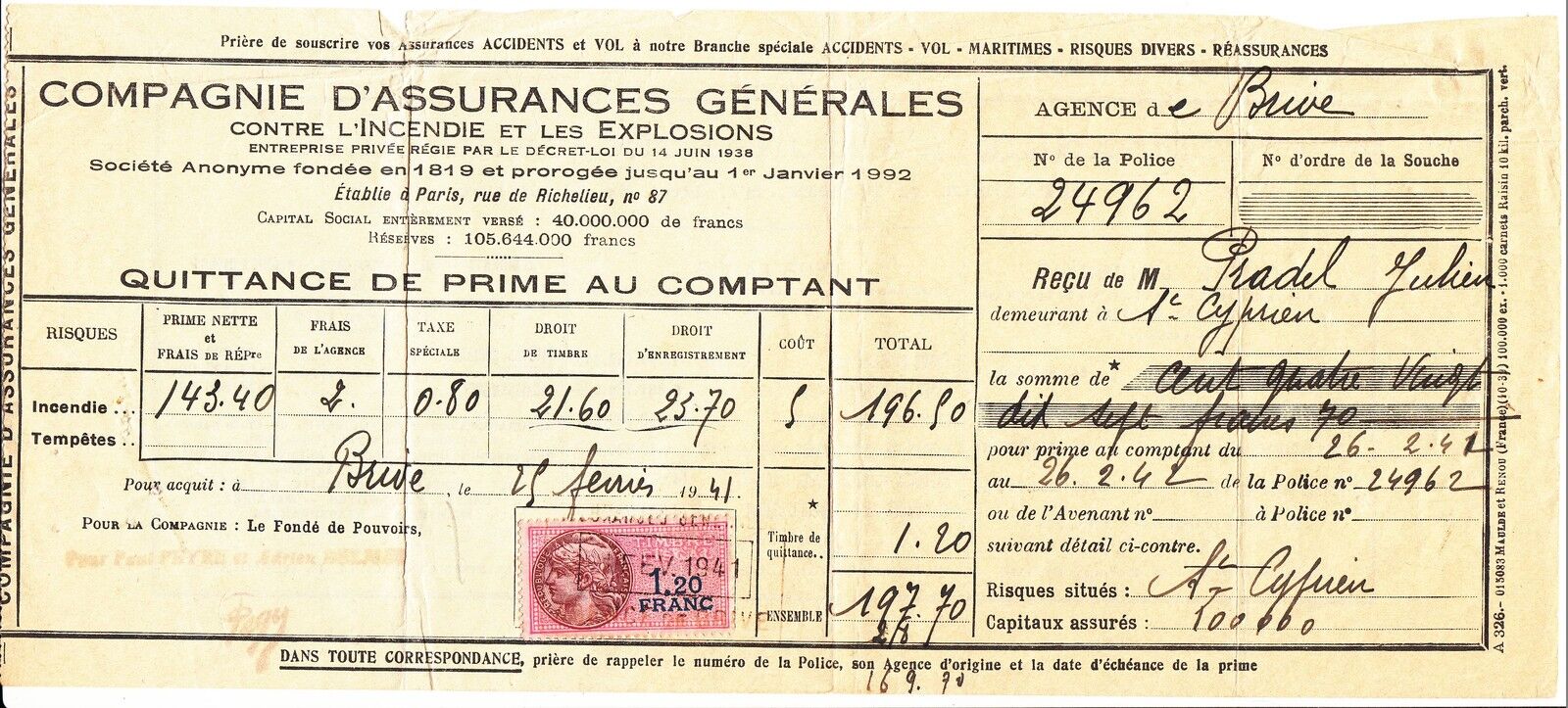 ORDRE DE PAIEMENT COMPAGNIES ASSURANCES GENERALES 1941 BRIVES TIMBRES FISCAUX 401125705713