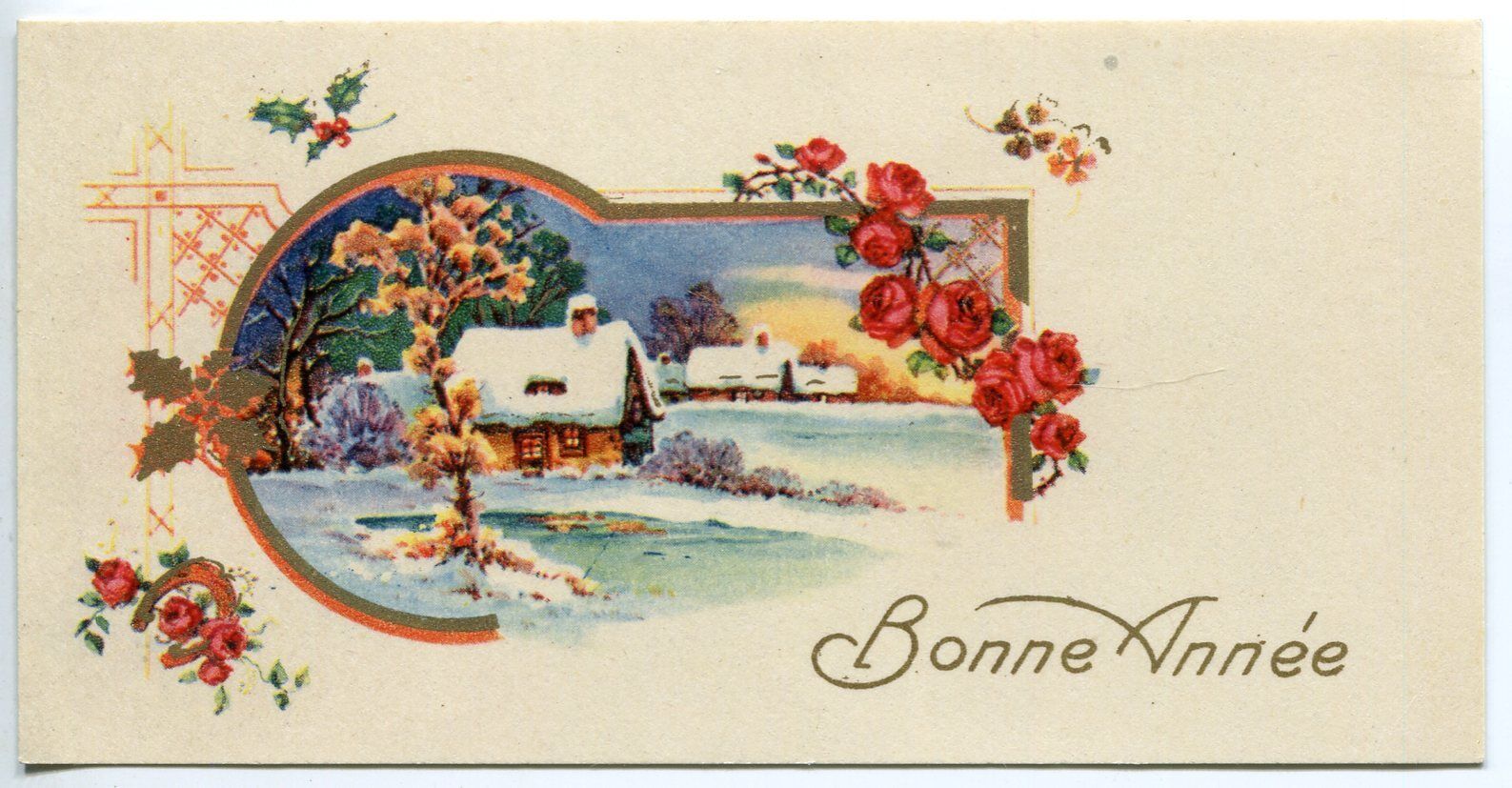 PETITE CARTE POSTALE BONNE ANNEE CHALET NEIGE ROSE 400736240163