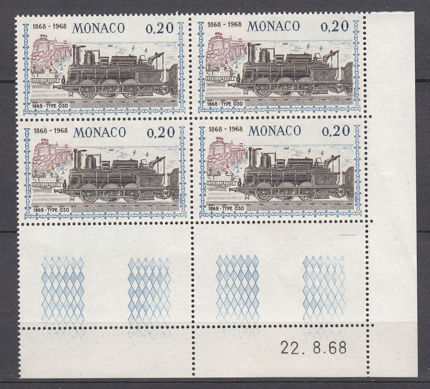 TIMBRE BLOC DE 4 COIN DATE MONACO NEUF N 752 LOCOMOTIVES PLM 030 1868 401576086853