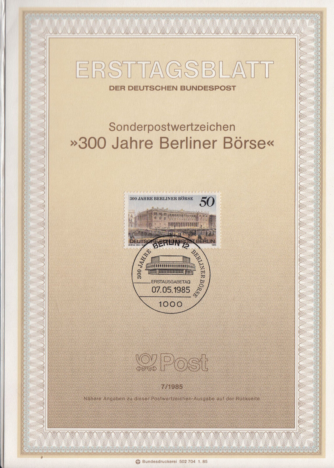 TIMBRE FDC ALLEMAGNE BERLIN OBL ERSTTAGSBLATT BOURSE DE BERLIN 1985 122247052533