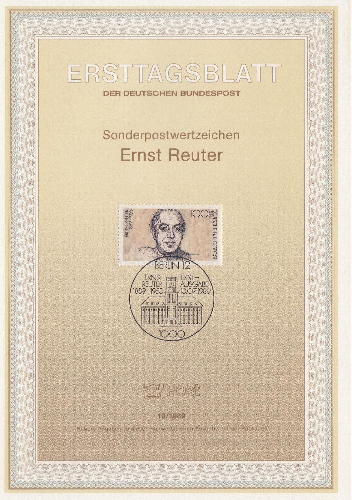 TIMBRE FDC ALLEMAGNE BERLIN OBL ERSTTAGSBLATT ERNST REUTER 1989 401233101523