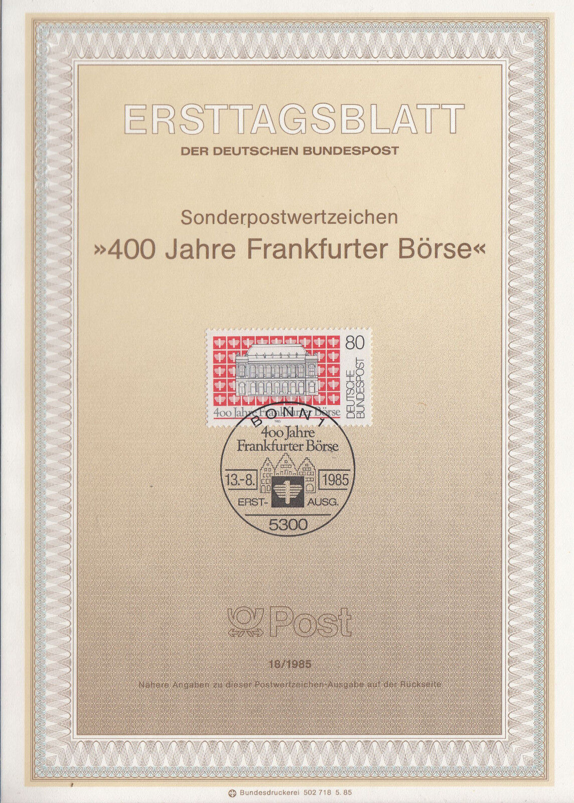 TIMBRE FDC ALLEMAGNE BONN OBL ERSTTAGSBLATT BOURSE DE FRANCFORT 1985 122247125213