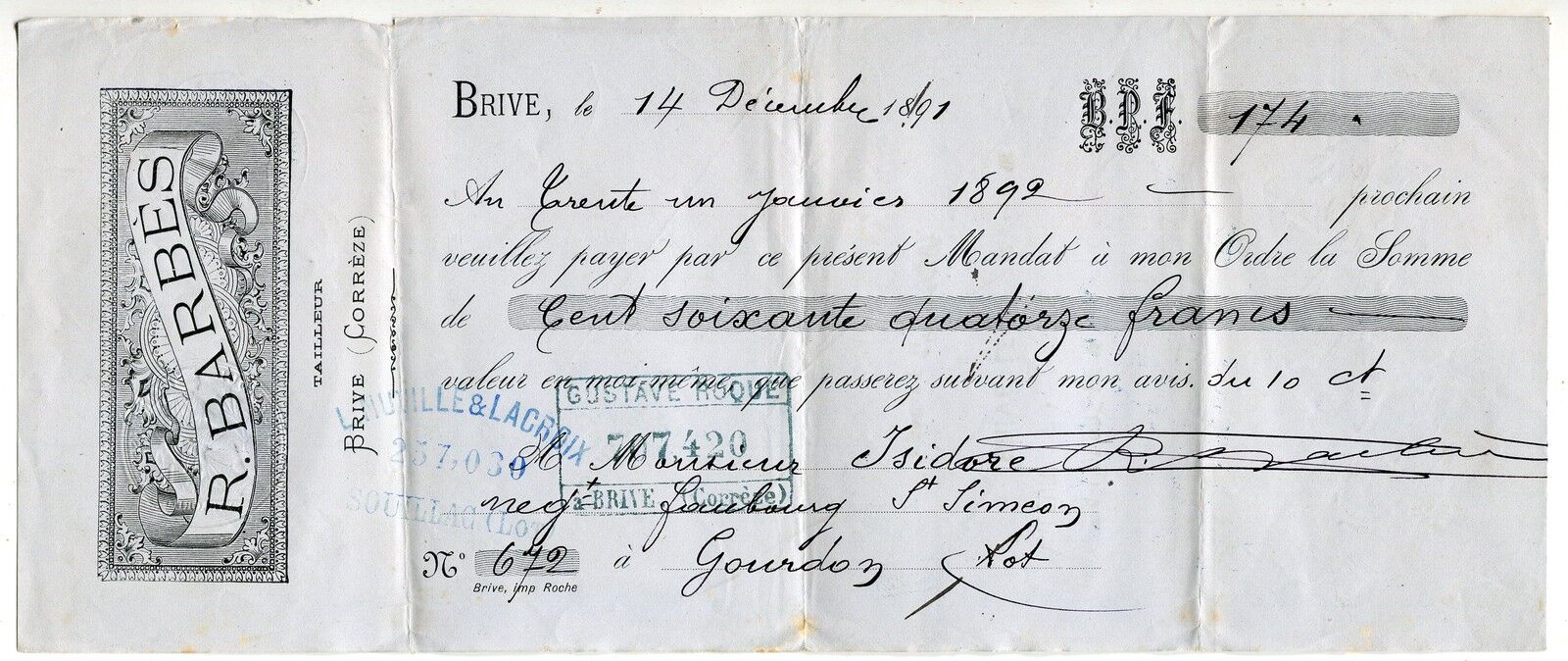 TRAITE 1891 R BARBES TAILLEUR BRIVE CORREZE CACHET FISCAL 121488330463